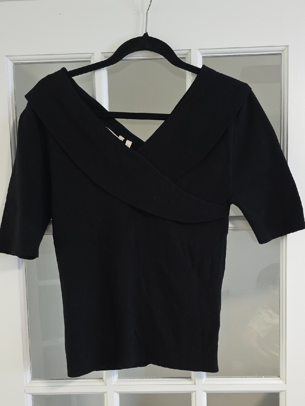 Soft Surroundings Black Knit Top with Sailor Wrap Collar Style Ladies L